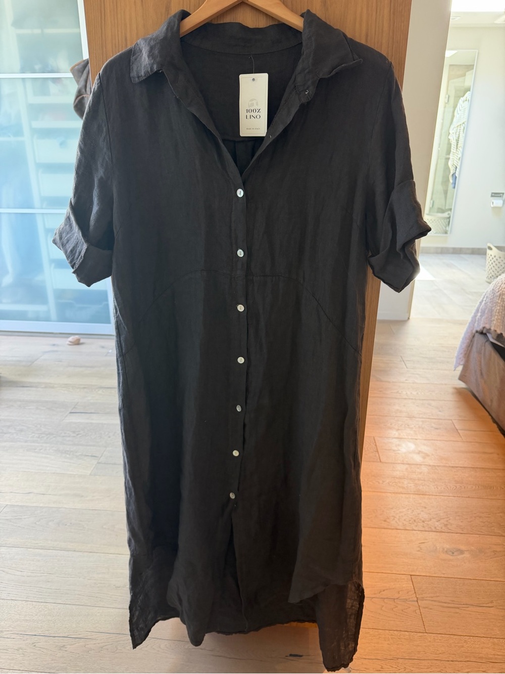 100% Linen Button-Front Shirt Dress in Chocolate Brown